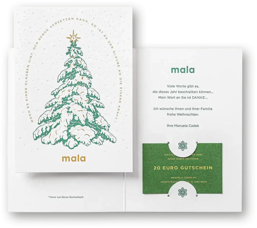 Weihnachtskarte mit Gutschein, Letterpress Druck