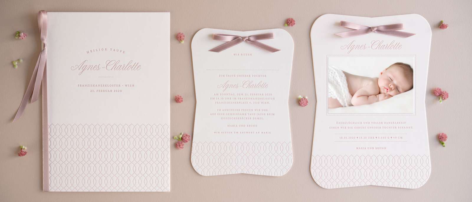 Letterpress Geburtskarte, Mädchen, Taufkarte, Babyfoto, süß, rosa, gestanzt, geformt, Baby Kind, Taufeinladung, Kirchenheft