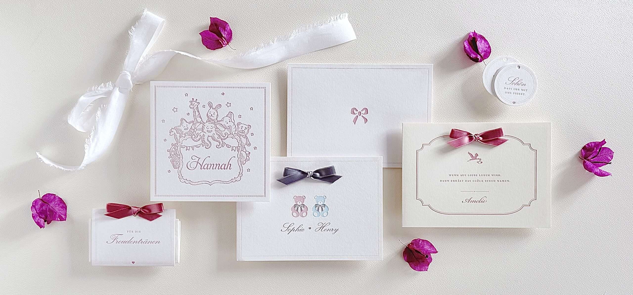 Babykarten Geburtsanzeitegn Taufkarten Kollektionen Letterpress Babyfoto Schleife Geburtskarte