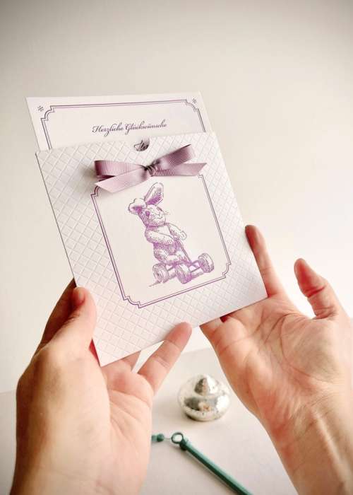 Quadratische Letterpress Grußkarte zur Geburt, Vintage Tiere Kollektion