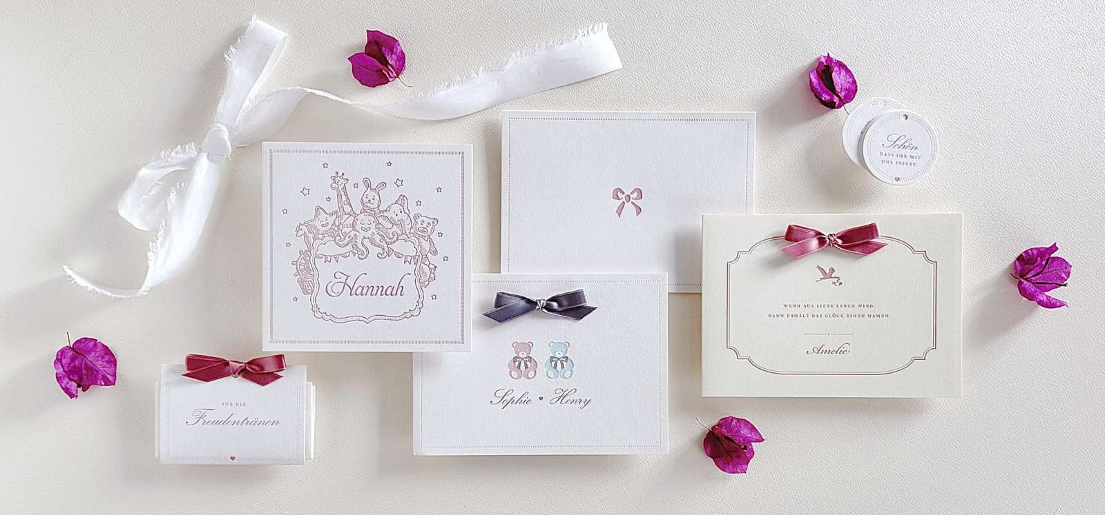 Babykarten Geburtsanzeitegn Taufkarten Kollektionen Letterpress Babyfoto Schleife Geburtskarte