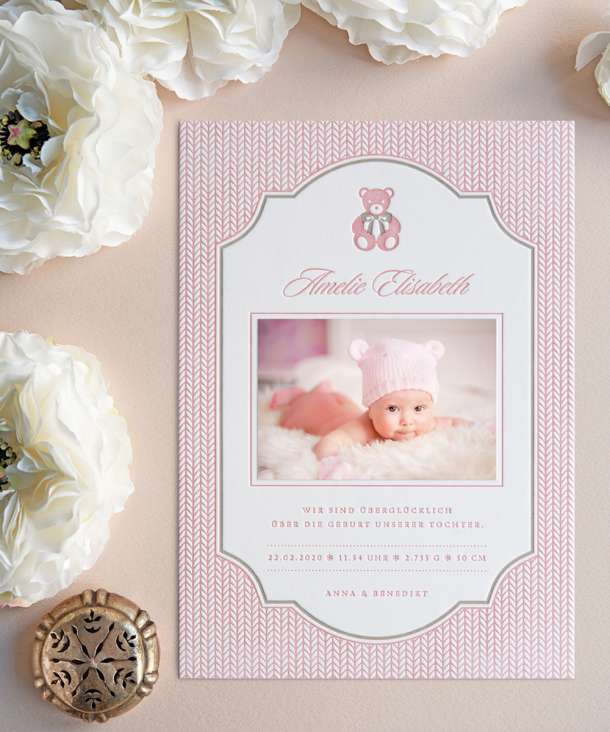 Letterpress Geburtskarte mit Teddybär und Strickmuster | Design »B102« für Mädchen