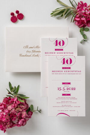 Letterpress Geburtstagseinladung, 40 Geburtstag, Party, Feste, bunt, modern, fuchsia