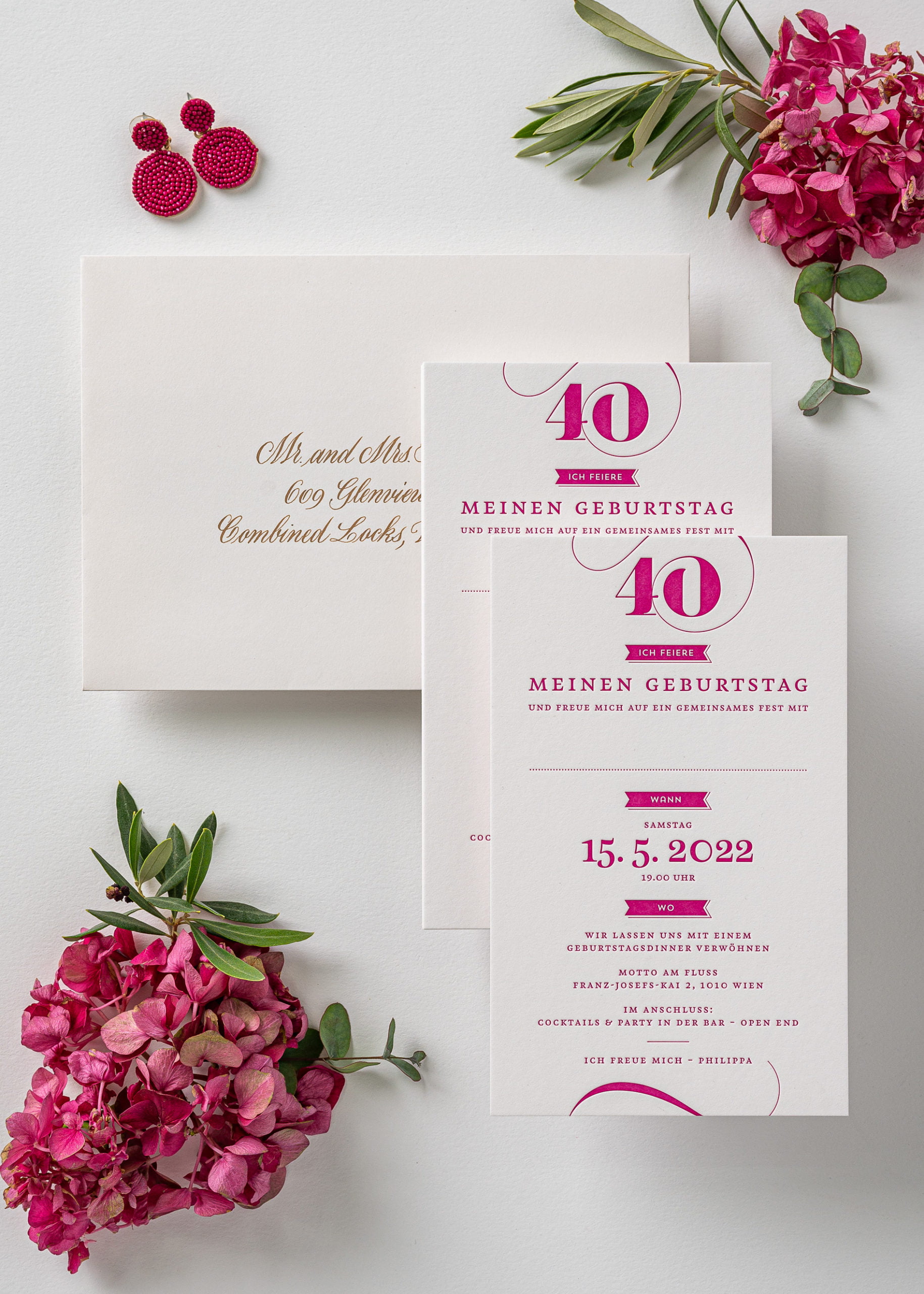 Letterpress Geburtstagseinladung, 40 Geburtstag, Party, Feste, bunt, modern, fuchsia