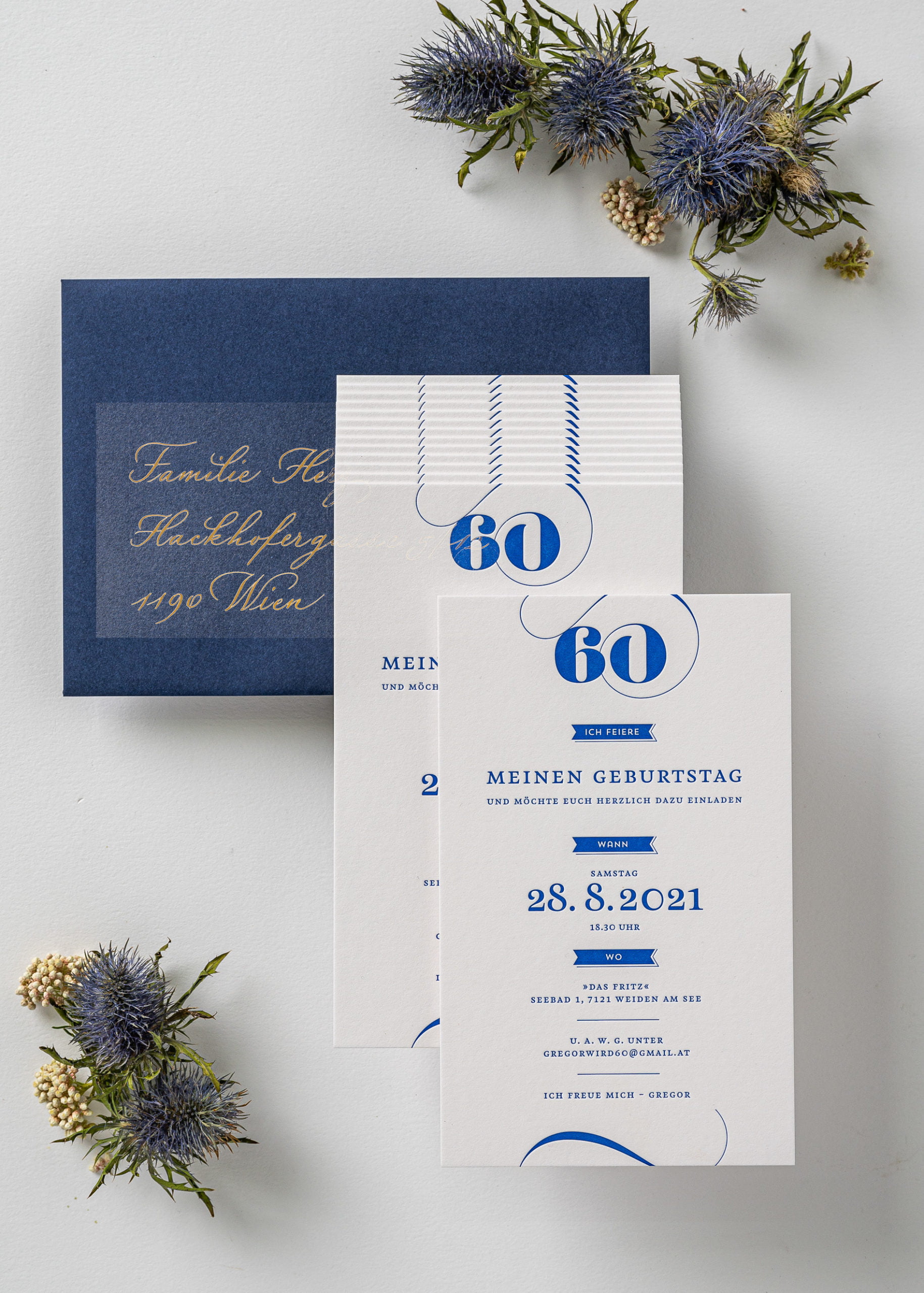 Birthday, Party Feste, Letterpress, 60. Geburtstag, Blau, Blue, Dinner