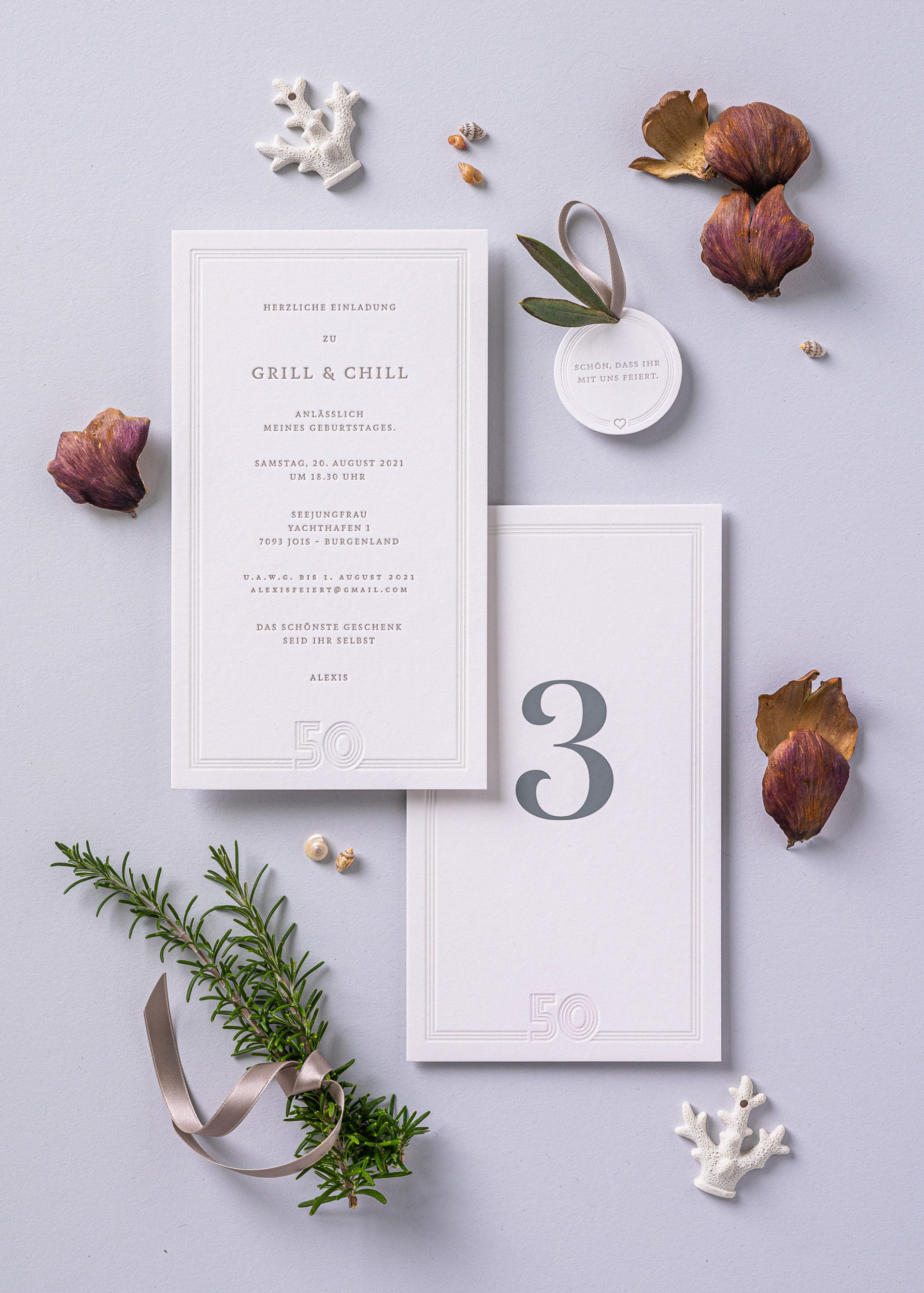 Birtdayparty, Letterpress Einladungskarte zum Geburtstag, modern, relief, Grillparty, Feste