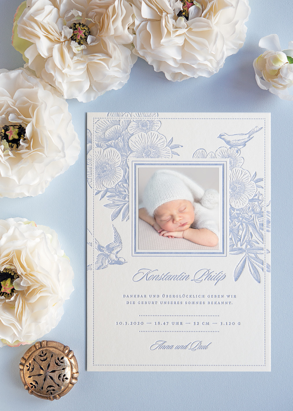 Vintage Geburtsanzeige, Letterpress, Bub, Babyfoto, Kollektion, handgezeichnet